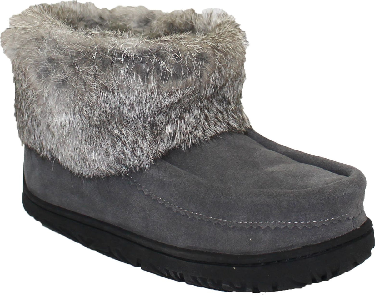 Gray suede ankle boot with rabbit fur trim and a black sole.