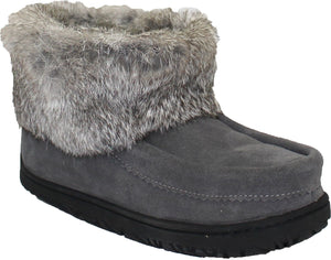 Gray suede ankle boot with rabbit fur trim and a black sole.