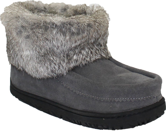 Gray suede ankle boot with rabbit fur trim and a black sole.