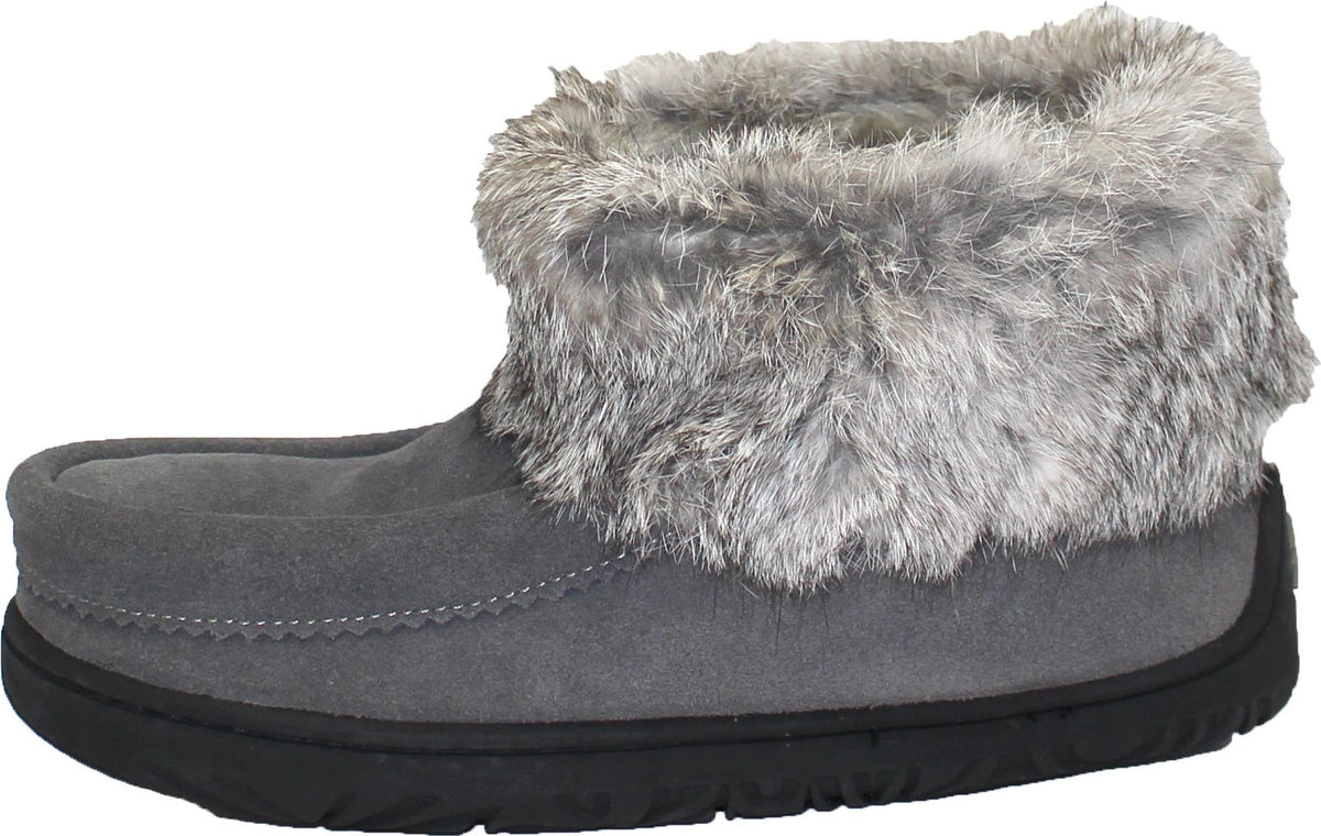 Gray moccasin slipper with faux fur trim and a black sole.