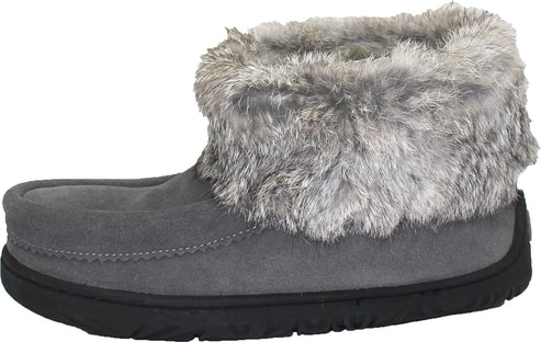 Gray moccasin slipper with faux fur trim and a black sole.