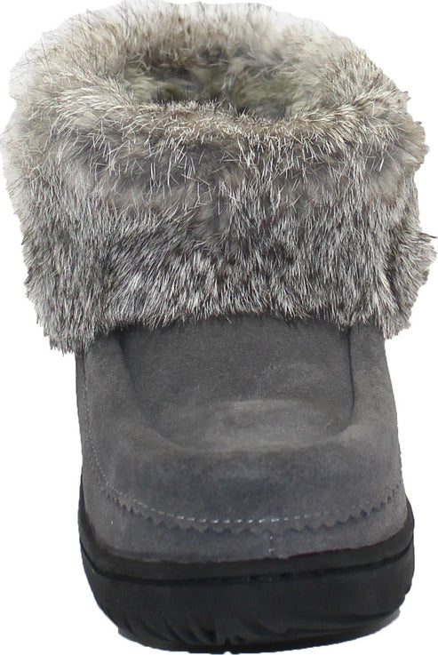 Gray slipper with fur trim.
