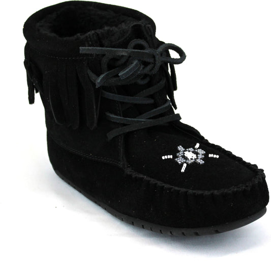 Black moccasin boot with lace-up closure and bead embellishment.