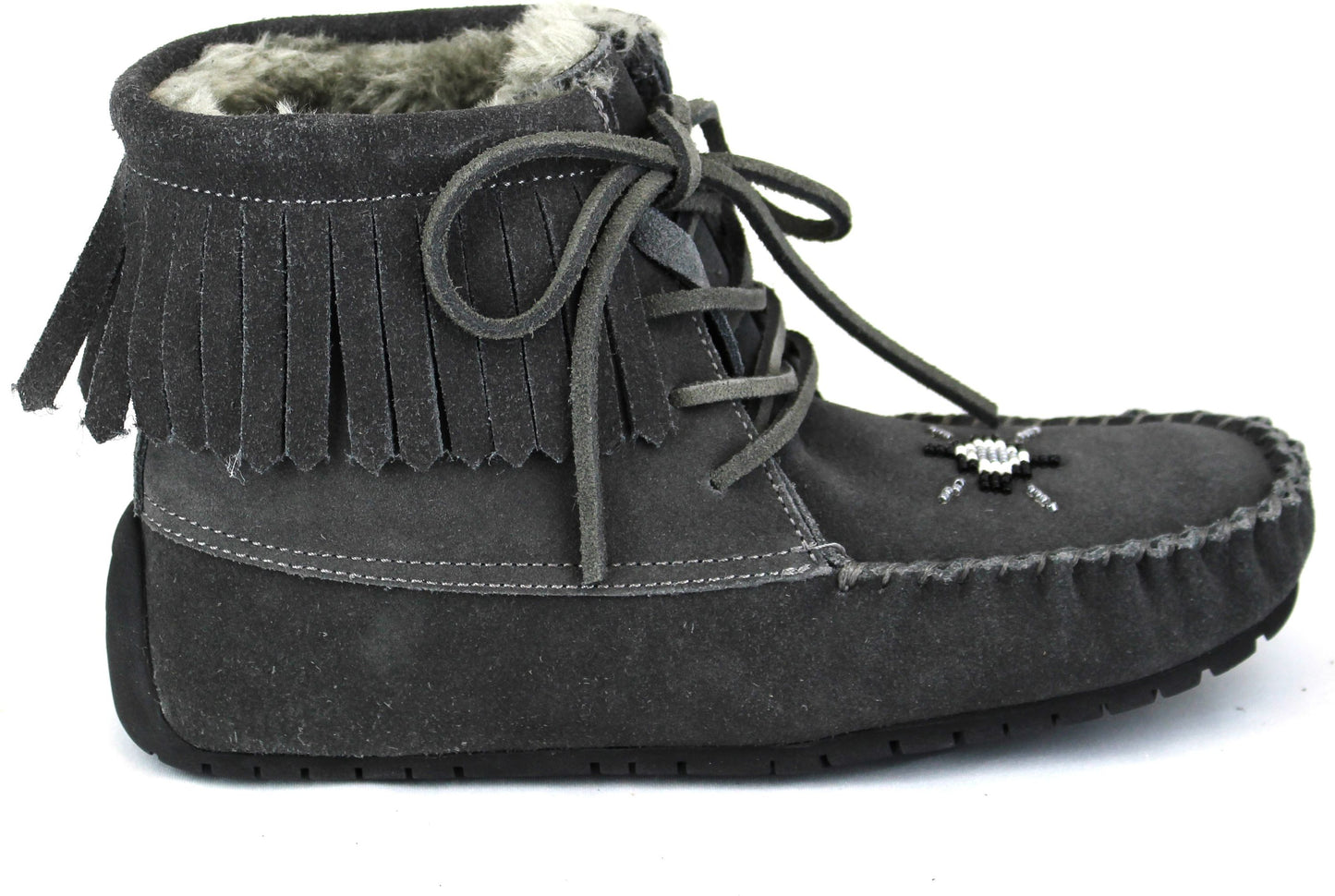 Gray ankle-high moccasin-style boot with fringe and laces.