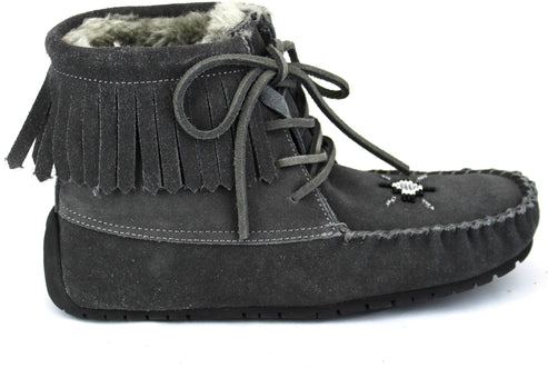 Gray ankle-high moccasin-style boot with fringe and laces.