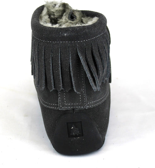 Gray suede moccasin boot with fringe and faux fur lining.