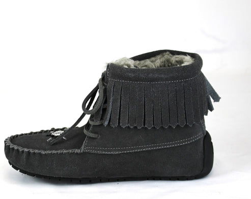 Grey suede ankle moccasin with fringe and lace-up closure.