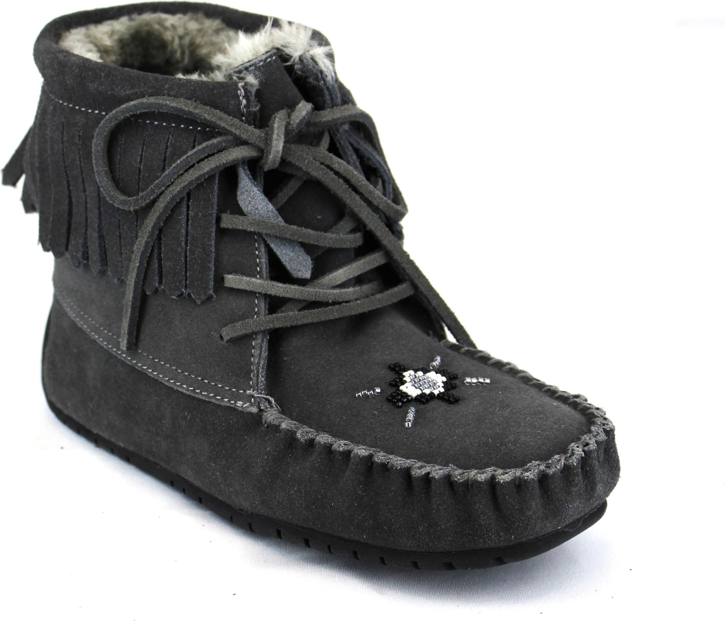 Gray suede moccasin bootie with faux fur lining, lace-up closure, fringe collar, and beaded detail.