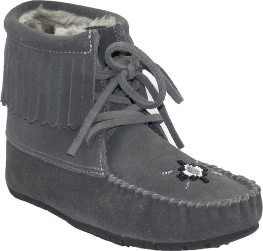 Gray suede moccasin bootie with fringe detail, lace-up closure, and beaded embellishments.