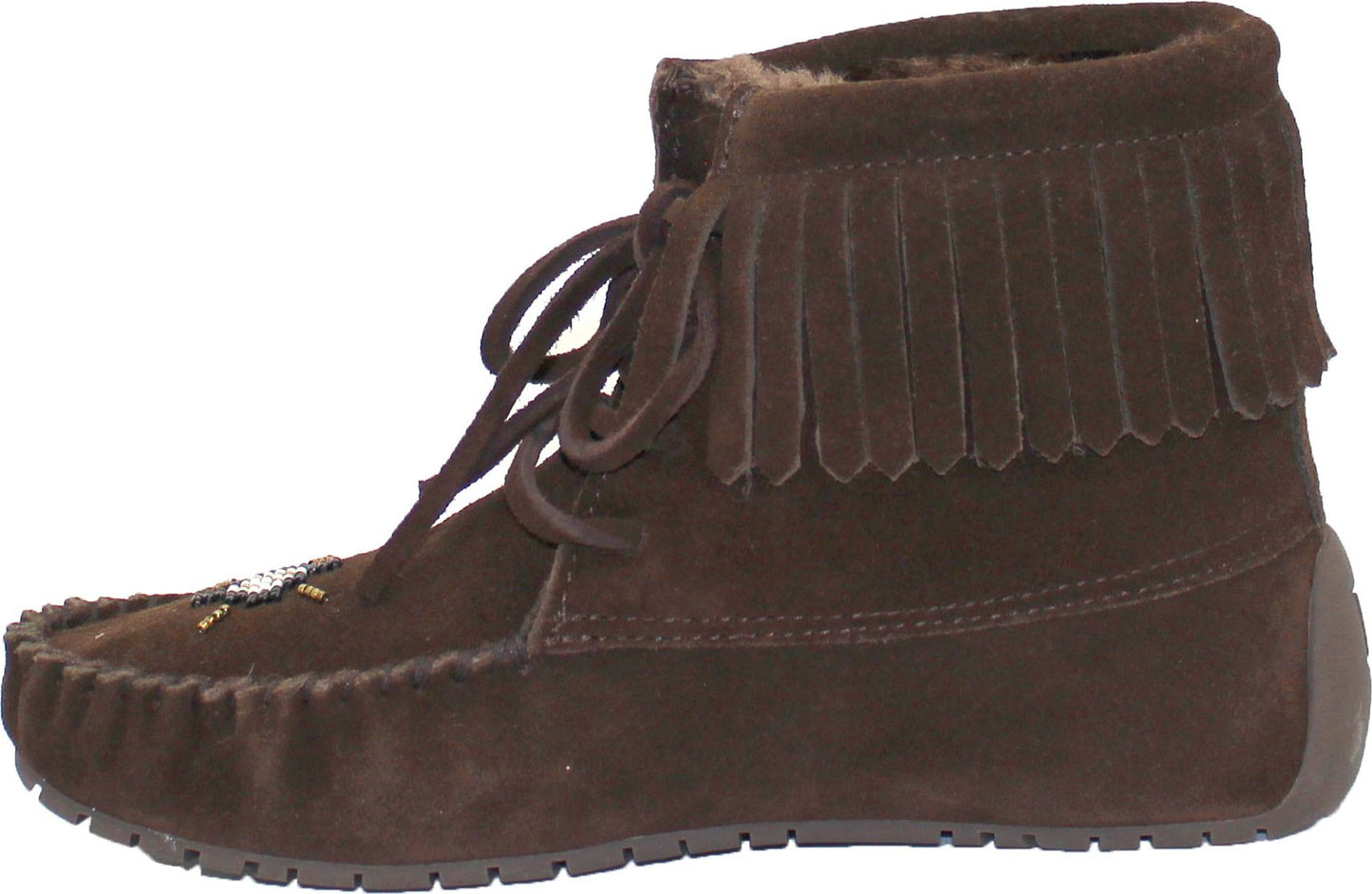 Brown suede moccasin ankle boot with lace-up closure, fringe trim, and beaded design.