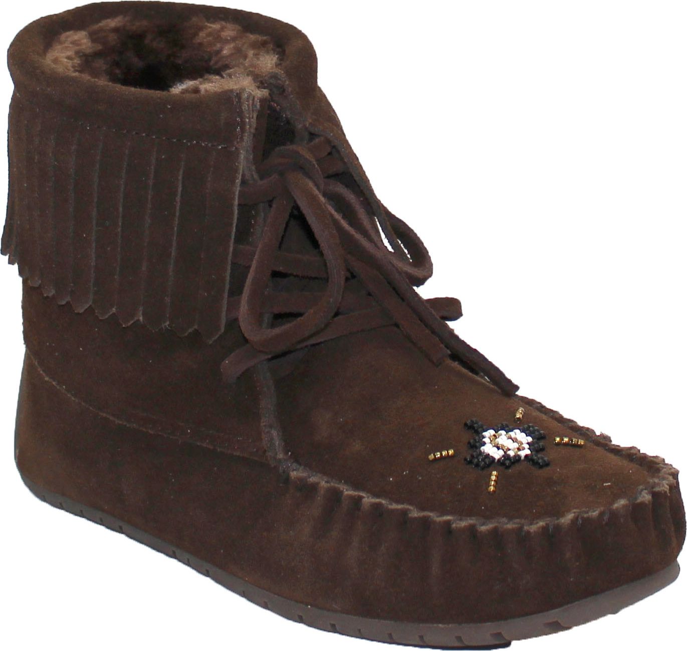 Brown suede ankle-high moccasin boot with beaded design and fringe.