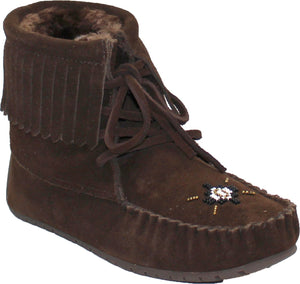 Brown suede ankle-high moccasin boot with beaded design and fringe.