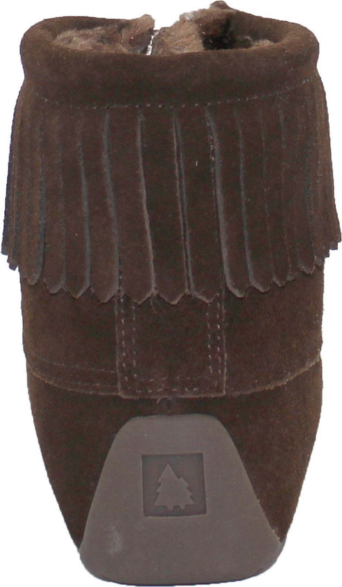 Brown suede ankle boot with fringe.