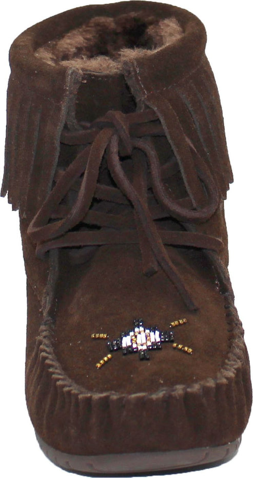 Brown suede ankle boot with fringe and beadwork detail.