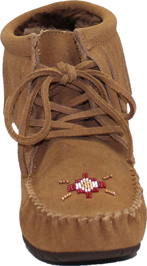 Tan moccasin ankle boot with fringe and decorative beadwork.