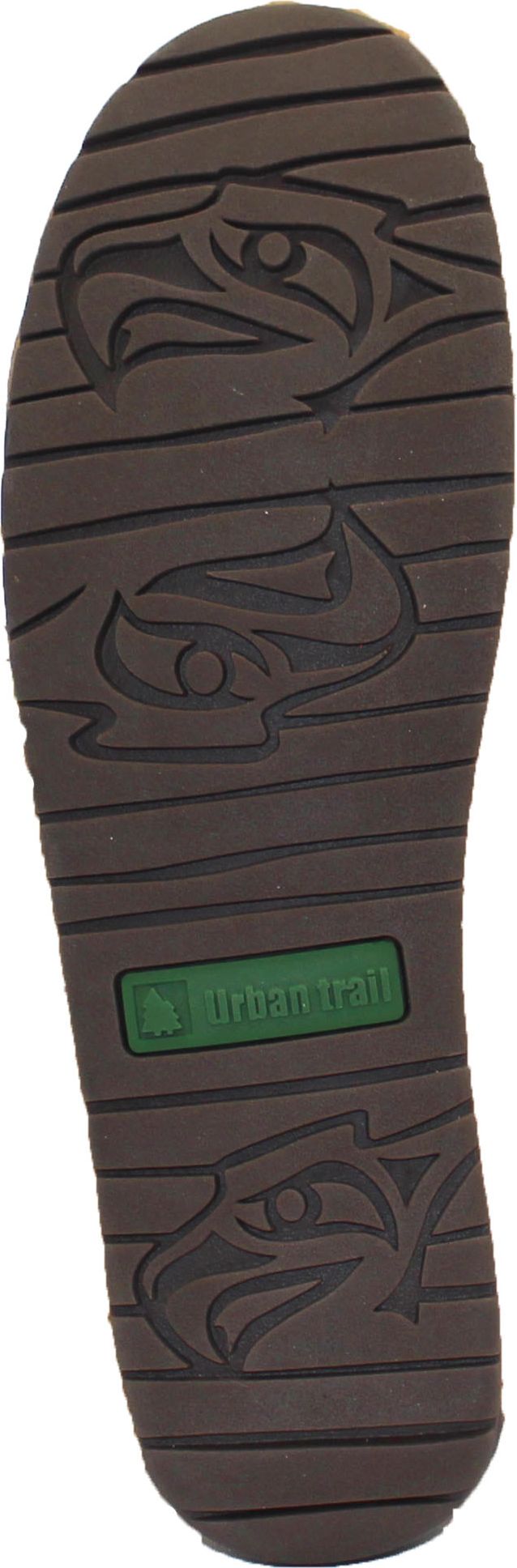 A brown shoe sole featuring a repeating eagle design and the words "Urban Trail" in green.