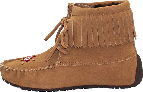 Tan ankle-high moccasin bootie with fringe, suede laces and decorative beads.