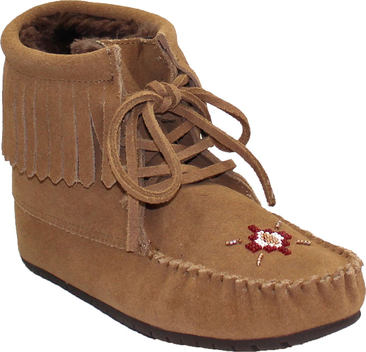 Brown moccasin boot with fringe and a floral beaded design, laced up.