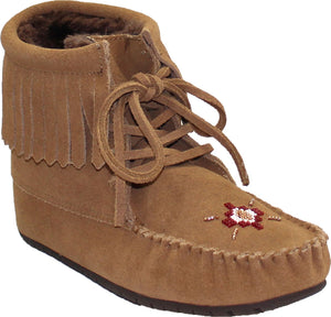 Brown moccasin boot with fringe and a floral beaded design, laced up.