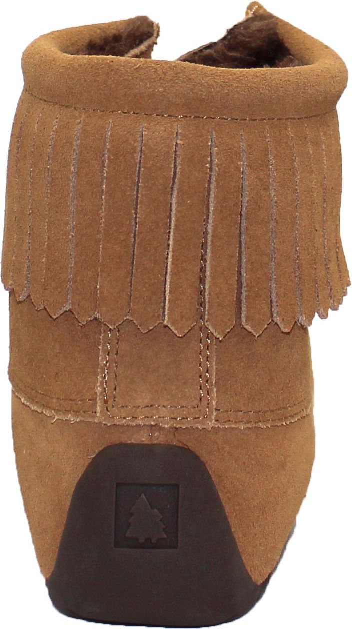 Tan suede moccasin ankle boot with fringe.