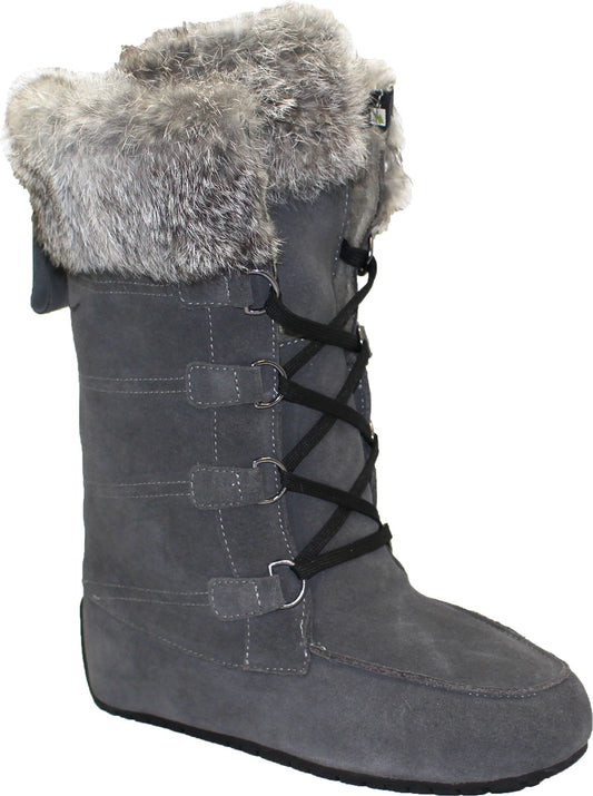 Grey suede mid-calf boot with faux fur trim and black laces.