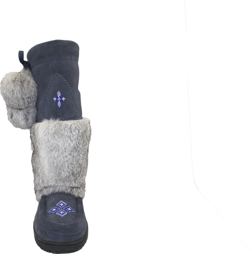 Mid-calf grey boot with fur trim and pom-poms.