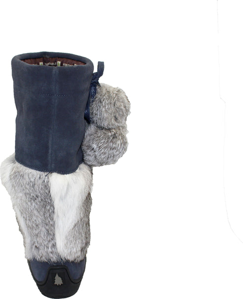 Blue short boot with fur cuff and pom poms.