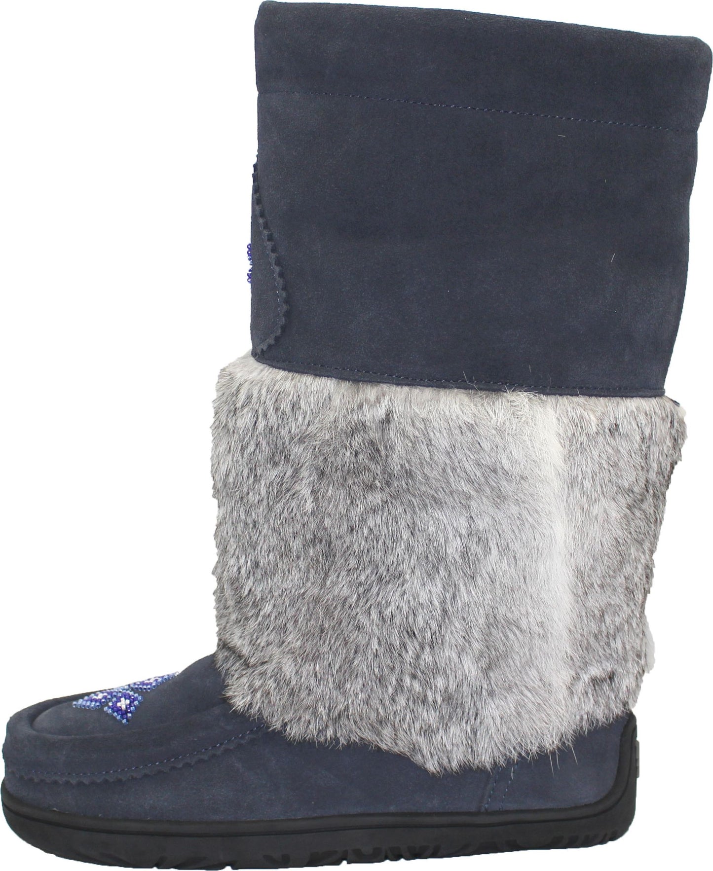 Navy suede boot with a fur trim and light blue beaded accents.