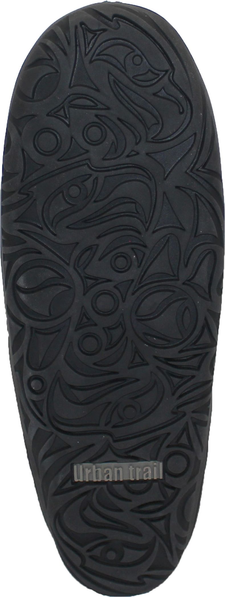 A black patterned sole of a shoe. The word 'urban trail' is visible on the sole.