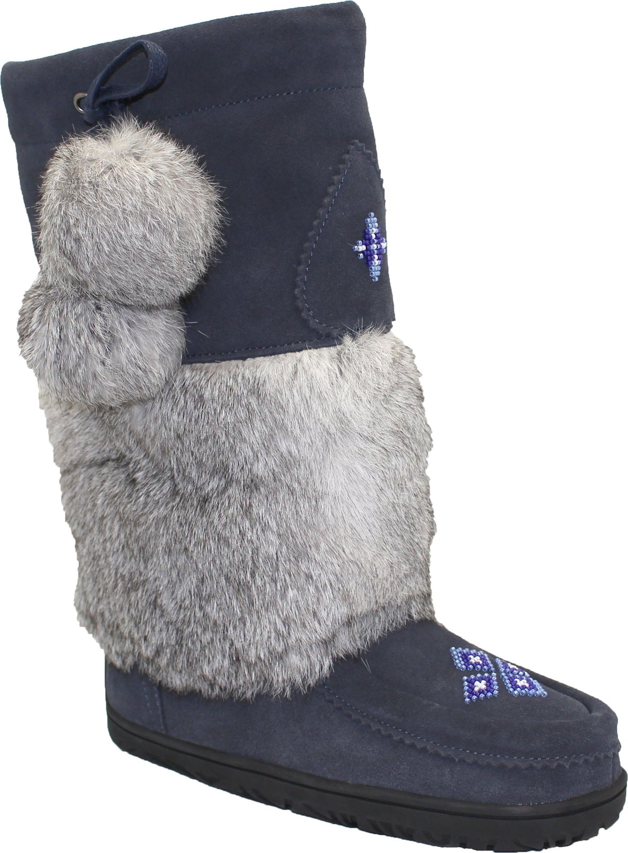 Knee-high blue suede boot with gray fur trim, two fur pom-poms, and blue and white beadwork designs.