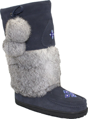 Knee-high blue suede boot with gray fur trim, two fur pom-poms, and blue and white beadwork designs.