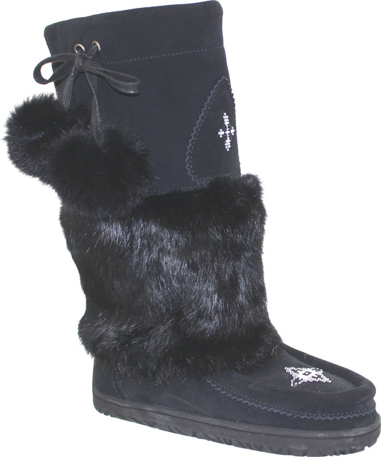Black suede boot with decorative white stitching, black fur, and suede tie.