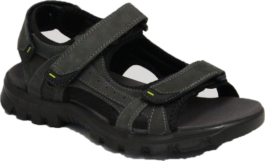 Gray adjustable strap sandal with thick sole.