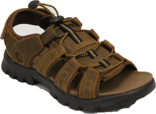 A brown leather sandal with adjustable straps and black sole.