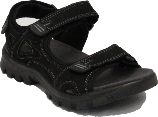 Black sandal with adjustable velcro straps.