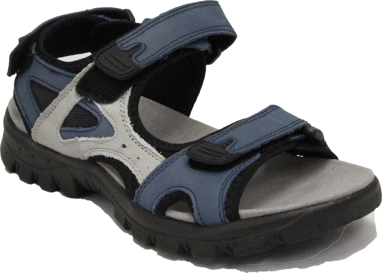 Blue and grey sandal with velcro straps and black sole.