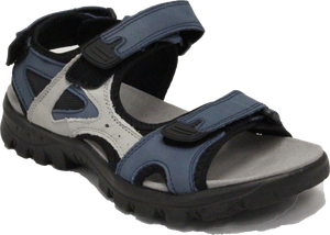 Blue and grey sandal with velcro straps and black sole.