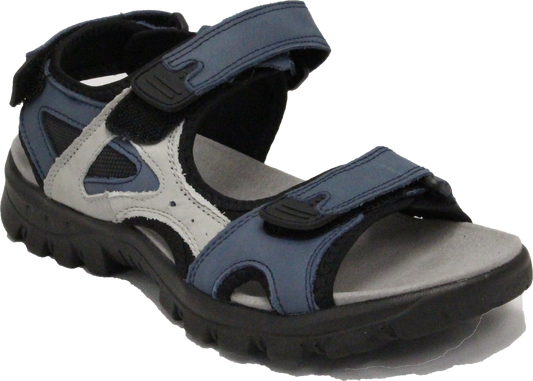 Blue and grey sandal with velcro straps and black sole.