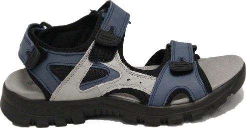 Side view of a blue, black and white sandal with velcro straps and a thick black sole.