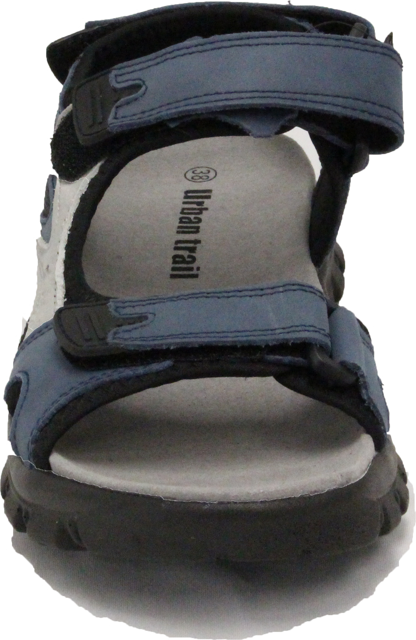 Front-view of blue sandal with velcro straps and "urban trail" printed on the insole.