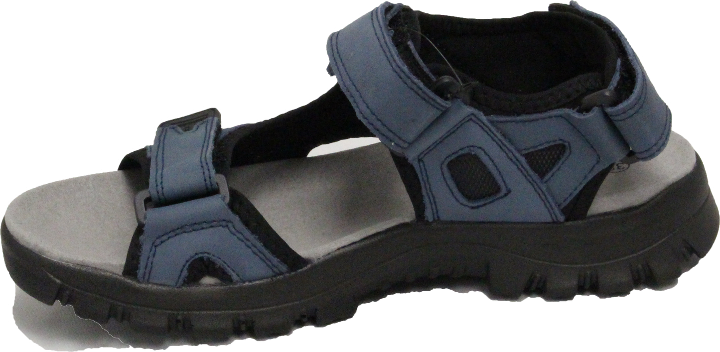 Blue sandal with velcro straps and a black sole.