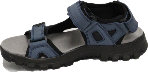 Blue sandal with velcro straps and a black sole.