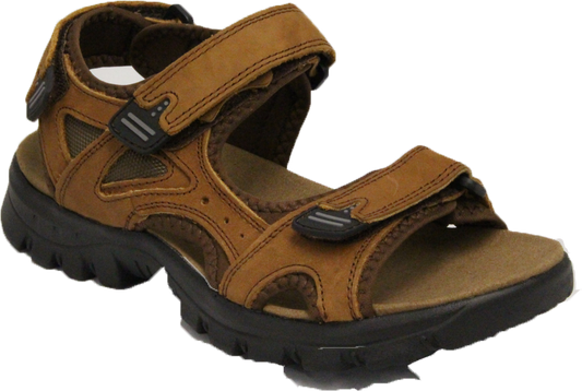 Brown leather sandal with adjustable velcro straps and a thick black sole.