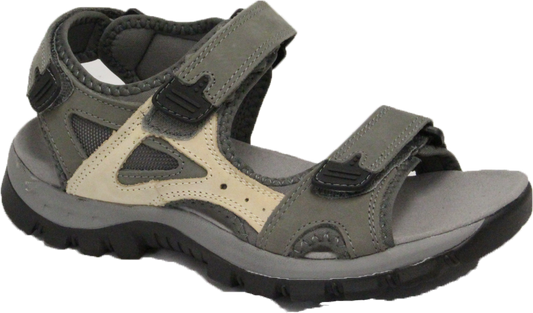 Grey sandal with adjustable velcro straps.