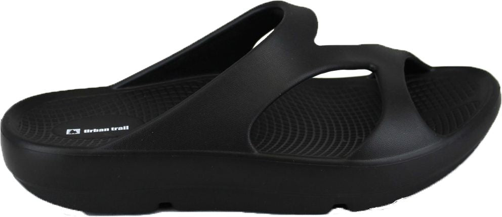 Black slide sandal with a thick sole and a strap over the top of the foot.