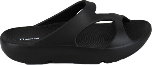 Black slide sandal with a thick sole and a strap over the top of the foot.