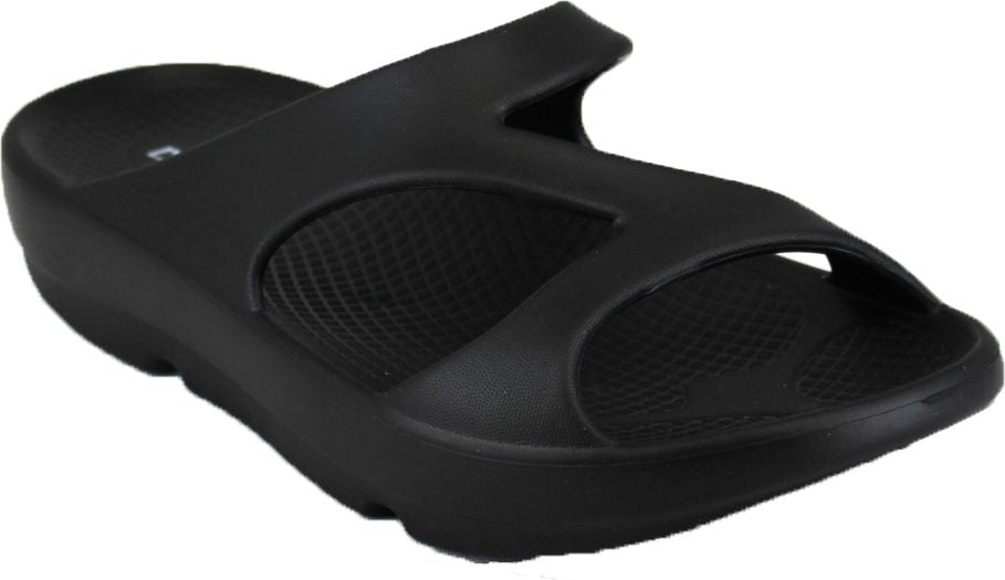 Black slide sandal with textured insole.