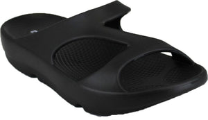 Black slide sandal with textured insole.