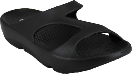Black slide sandal with textured insole.