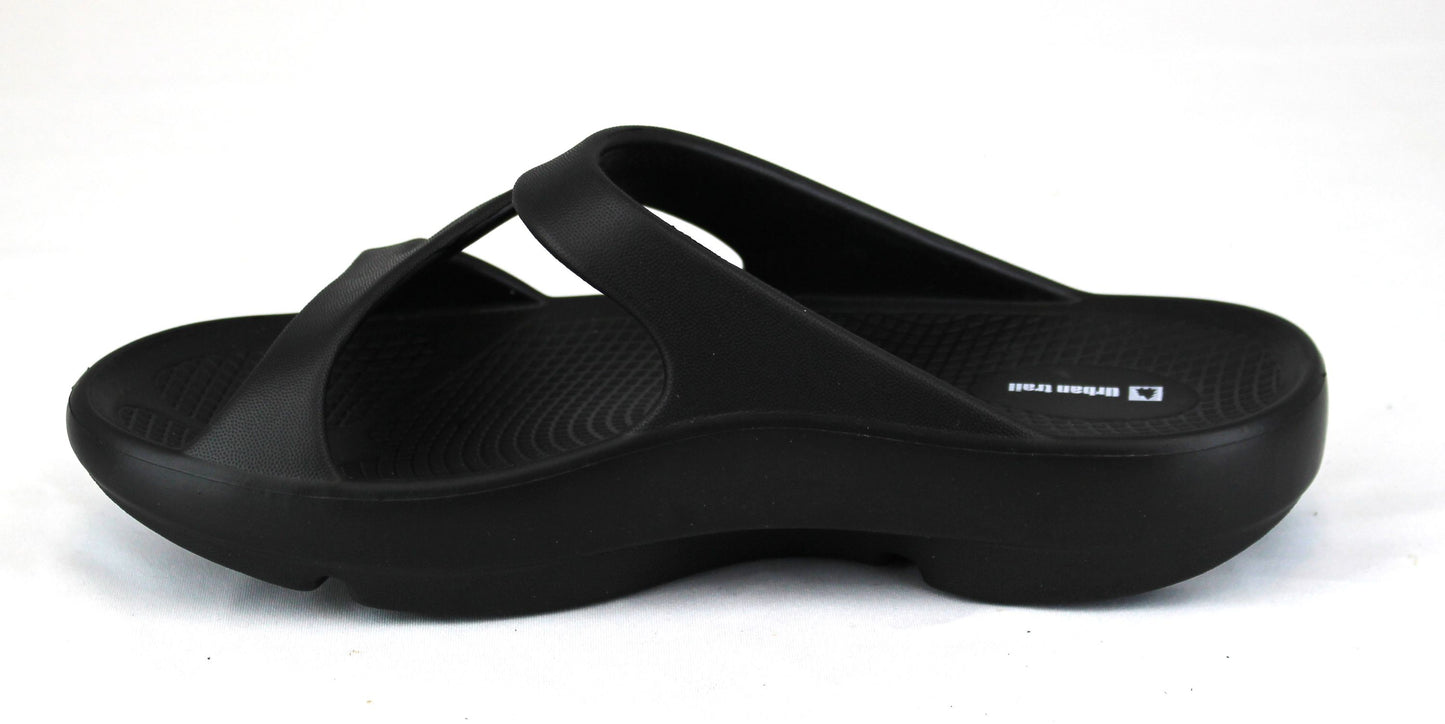 Black slide sandal with criss-cross straps.
